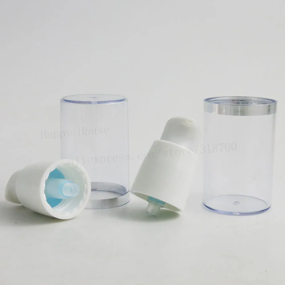 24 x 15ml 30ml 50ml Clear Plastic Airless White Pump Bottle with silver edged lid Refillable 5