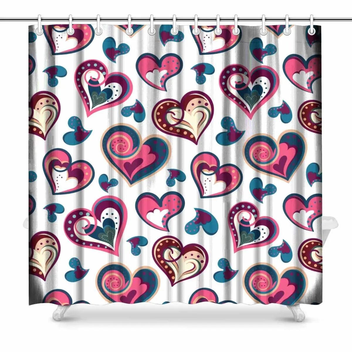 Aplysia Valentine Hearts Fabric Shower Curtain Decor with Hooks 72 x 72