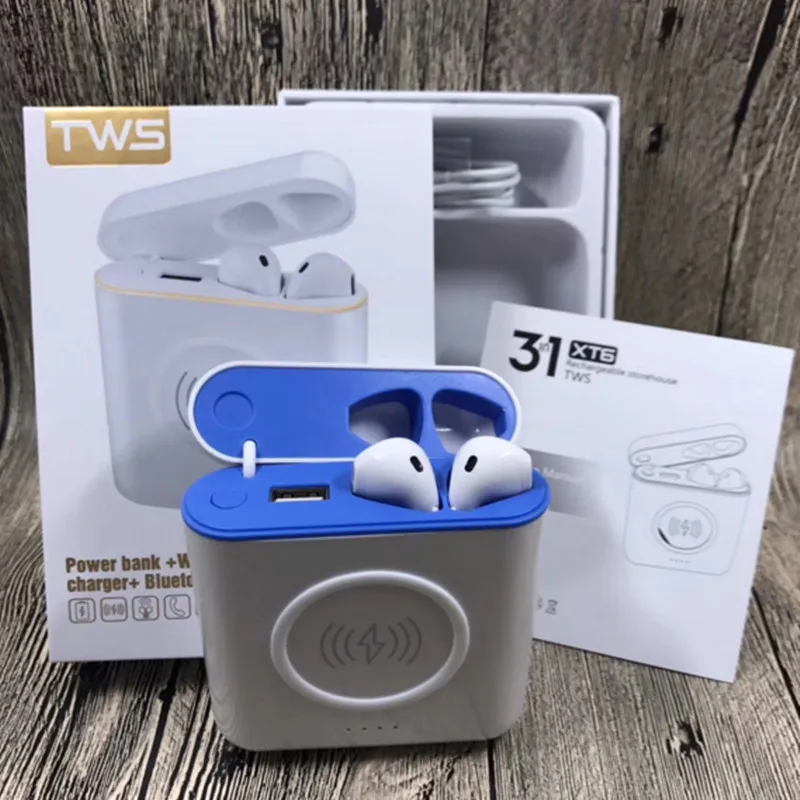 

Hot XT6 TWS 3 in 1 Bluetooth wireless headset earphone +wireless charge+wired charge powerbank for I7S I8X I9S