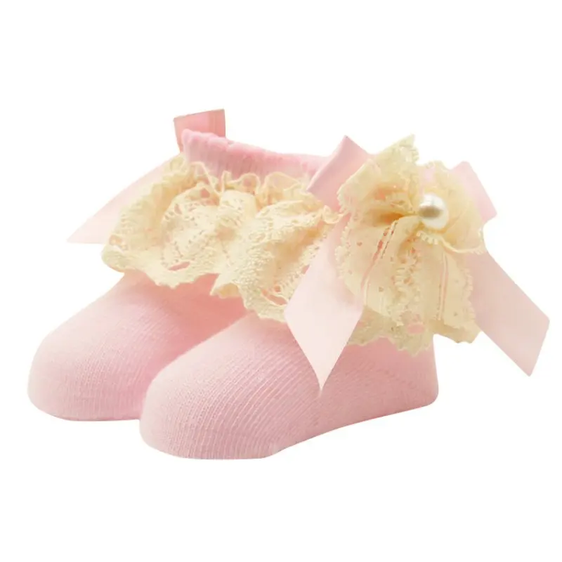 1 пара, кружевные носки с цветами для малышей 0-12 месяцев, милые Новорожденные малыши, хлопковые носки принцессы с бантом на лодыжке для девочек - Цвет: Розовый