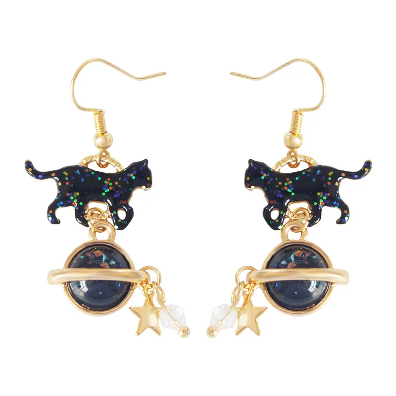 

free shipping wholesale 6 pair/lot fashion jewelry metal enamel planet earth kitty cat earrings