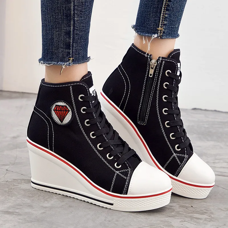 

Plus Size 8cm High Platform Sneakers 2018 Fall Wedges Shoes for Women White Black Pink Canvas Shoes Ladies Shoes Heels
