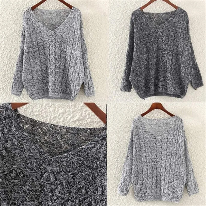 HOT sell sweaters fashion 2018 women high quality Hollow Out Bat Long Sleeve Loose V Collar Sweater invierno mujer A29#N (1)