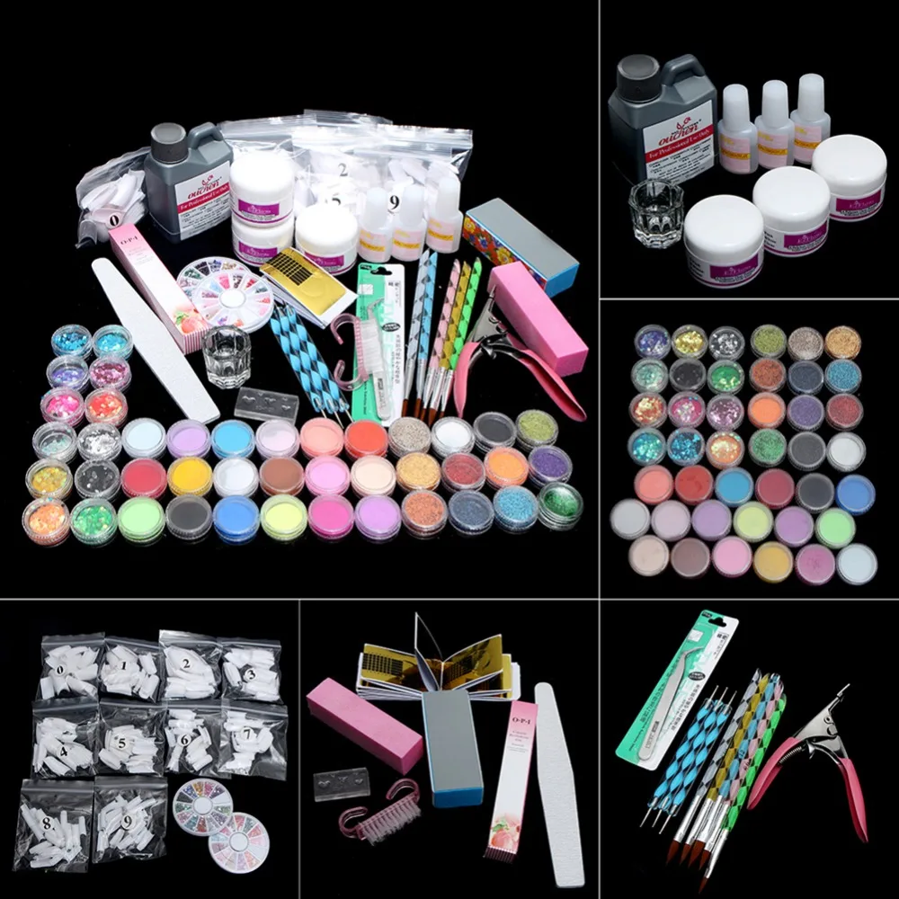 

Profession Full Set Glitter Powder Manicure Nail Kit 3D Design Acrylic Powder Gel Polish Nail Tips Gems Decoration DIY Nail Art