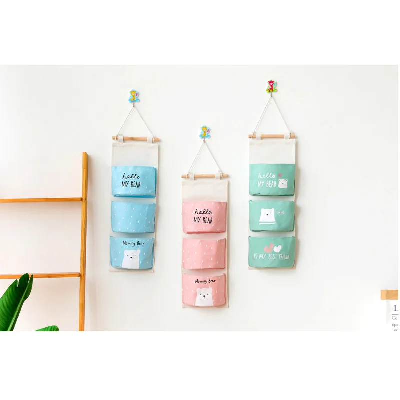 

Cute Cartoon Bear Wall Mounted Storage Bag 3 Pockets Wall Door Closet Hanging Storage Bag Cosmetics Toys Book Sundries Organizer