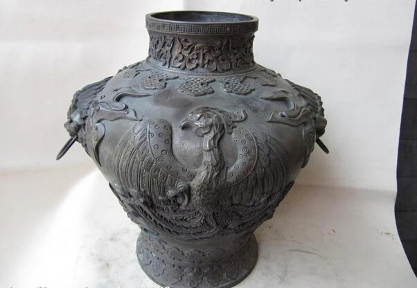 

Elegant old S1350 Chinese Classic bronze Copper phoenix Bird Foo Dog Ears Jar Tank Crock Pot Vase (A0321)