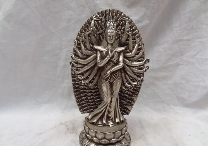 

song voge gem S3402 10" Tibet Silver Joss 1000 Arms Avalokiteshvara Buddha Lotus Kwan-Yin Statue