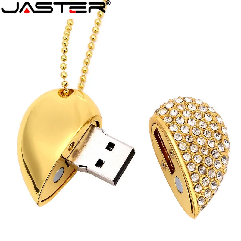 JASTER металлический алмазный USB флеш-накопитель в форме сердца с цепочкой Флешка 4 ГБ 8 ГБ 16 ГБ 32 ГБ 64 ГБ ожерелье карта памяти