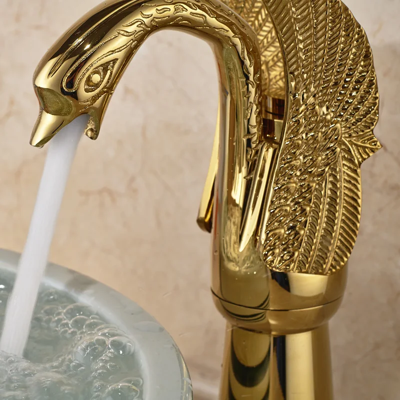 Golden Swan Shape Basin Tap Dual Handle Deck Mount Bathroom Faucet Solid Copper Golden Finish