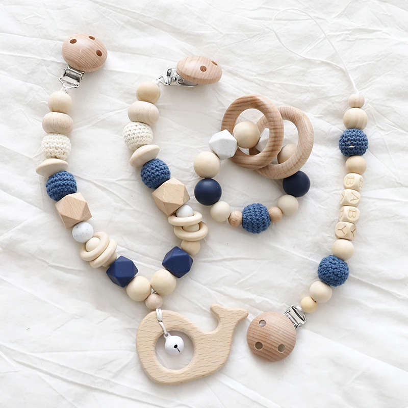

3PC/Set Wooden Animal Baby Toys Silicone Teether Dummy Clip Chain Pacifier Soother Holder Handmade Bracelet Stroller Accessories