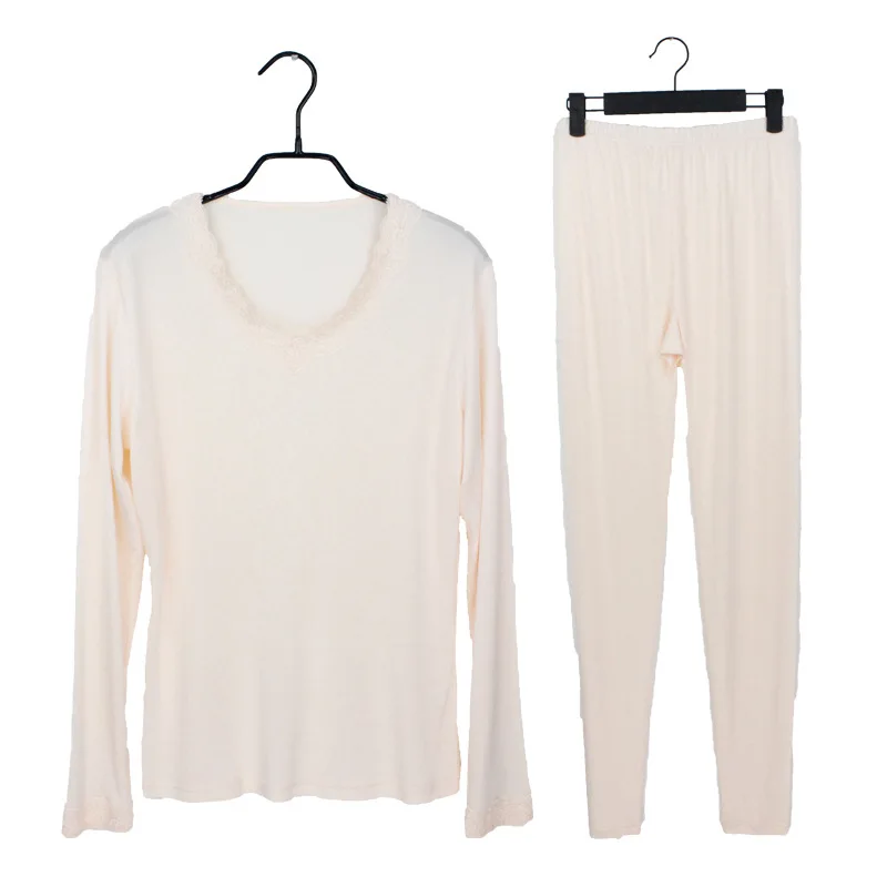 Silk Underwear, V Collar, Lace, Silk, Double-sided Knitted Comfortably silk long johns
