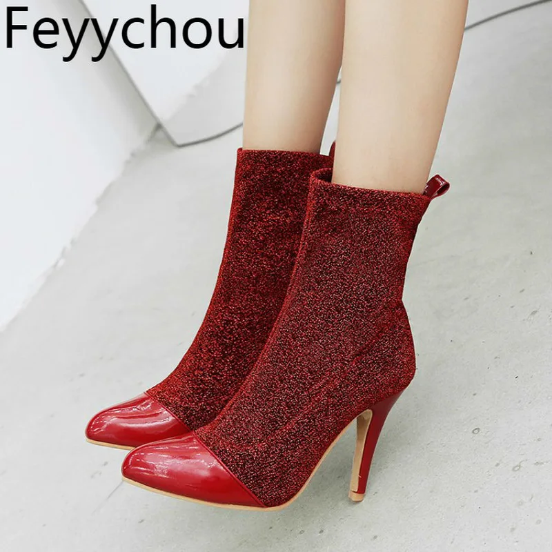 

Women Boots Autumn Winter Super High Heel Pointed Toe Ankle Sequined Cloth Stretch Boots Basic 2019 New Sexy Fashion Casual Red