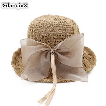 

XdanqinX Summer New Style Solid Foldable Sun Hats Elegant Women's Bow Fashion Bucket Hat Sunscreen Sunshade Beach Hat For Women