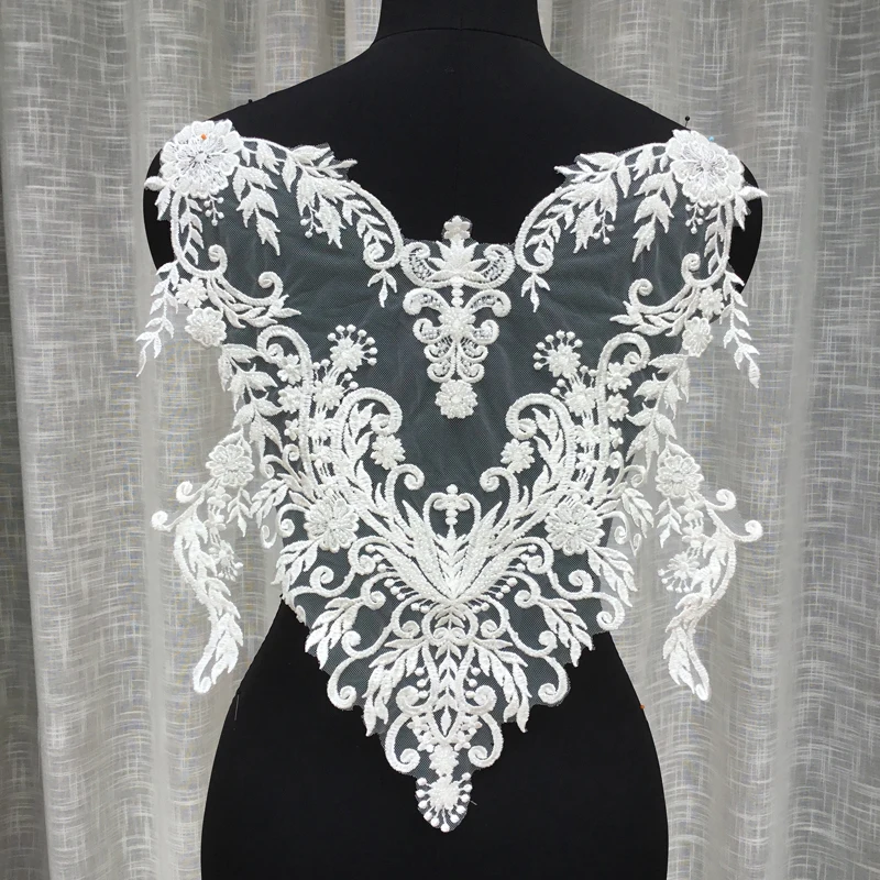 

Exquisite 3D Heavily Bead Bodice Lace Applique for Haute Couture , Bridal Gown Illusion Back Applique