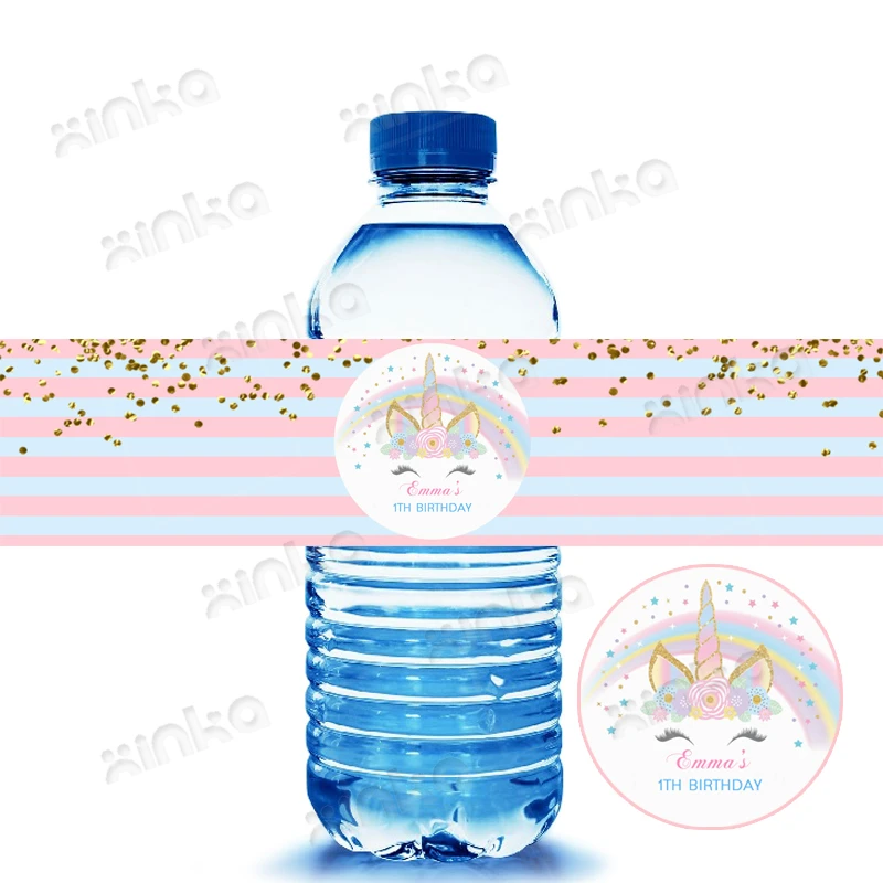 Custom Rainbow Unicorn Water Bottle Labels Unicorn Face Water Bottle Stickers Child Birthday Party Favors Baptism Decorations