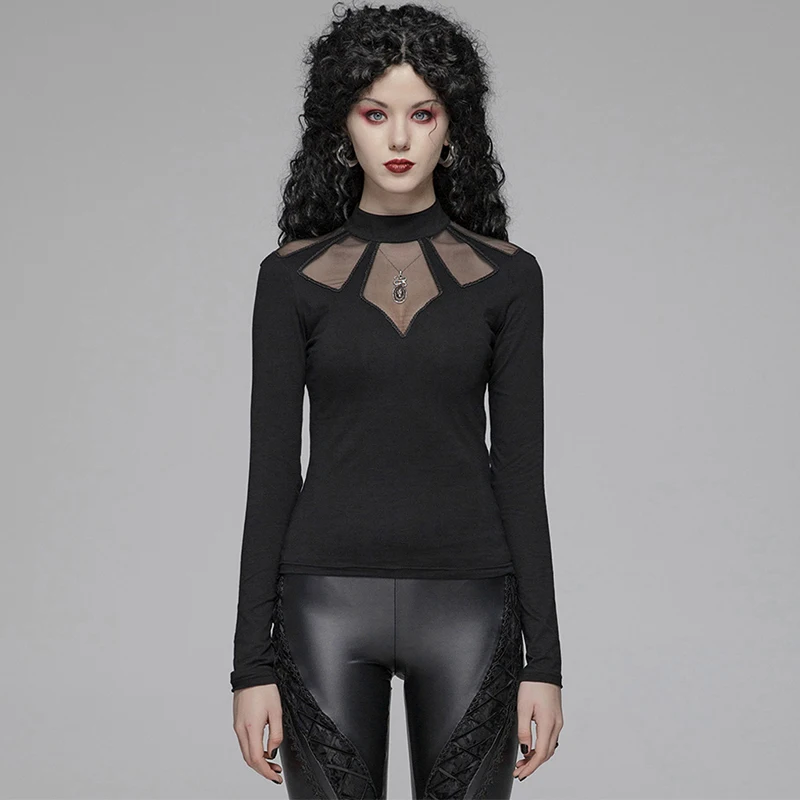 

PUNK RAVE Women Gothic Black Hollow Out Mesh T-shirt Fashion Punk Club Party Tops Gothic Daily Long Sleeve T-shirt