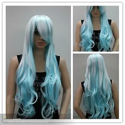 

white & Aqua blue Mix Long Wavy Anime Cosplay Wig #HWL016