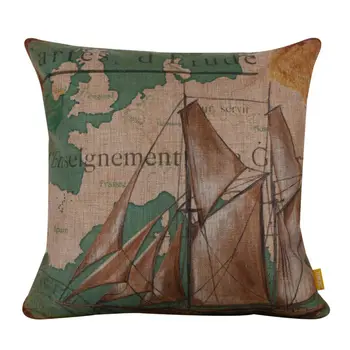 

LINKWELL 18x18" Marine Coastal Decoration Sea Green World Map Ship Burlap Cushion Cover Throw Pillowcase Nautical Sailor