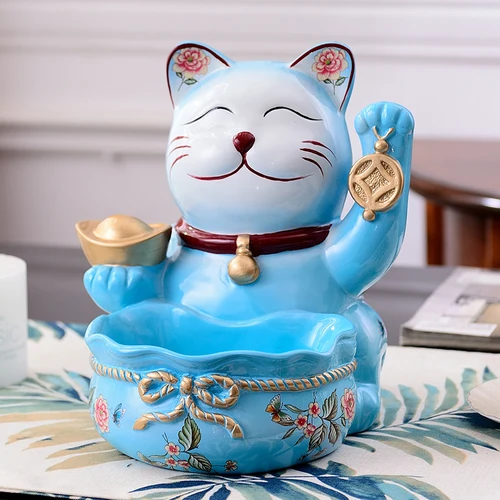 Смола Lucky cat украшения копилка кошка Статуэтка хранения пластины Фея садовые миниатюры фэншуй мини цифры дом - Цвет: light blue