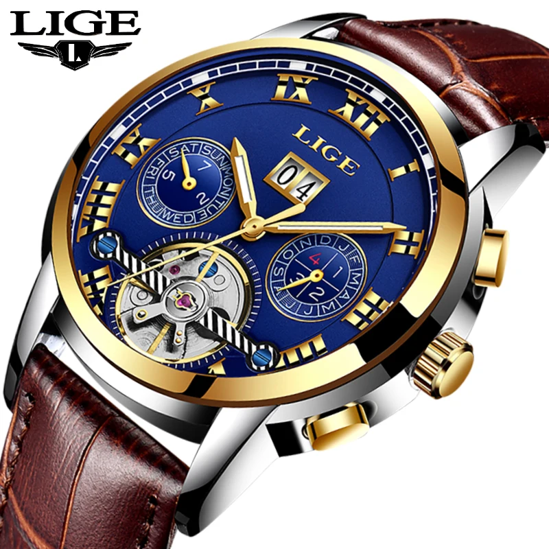

LIGE Automatic Mechanical Watches Men Luxury Brand Men Business Automatic Clock Casual Watch Sport Leather Relogio Masculino+B