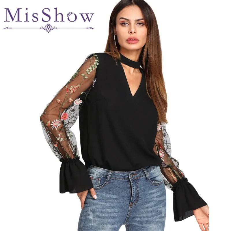 Sexy V Neck Flare Floral Long Sleeve Embroidery Blouse Women Elegant