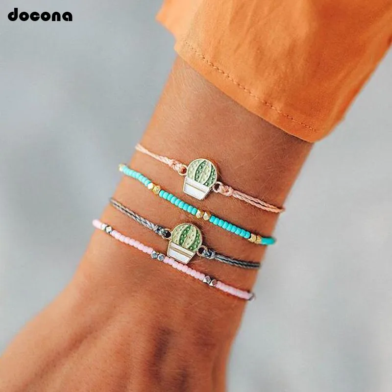 

docona Colorful Beads Cactus Layered Bracelets Set for Women Bohemian Pink Blue Rope Adjustable Multilayer Bracelet Set 7004