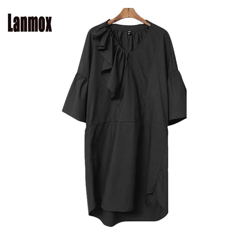 

Lanmox Summer Dress Women Design Asymmetric Ruffles V neck Loose Dresses Flare Sleeve Plus Size L-4XL For Big Women