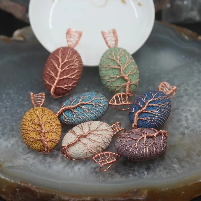 

5PCS/Lot 7 Color Choice Plating Rose Gold Wire Tree of Life Oval Pendants Colorful Lava Rock Volcanic Stone Charms Necklaces