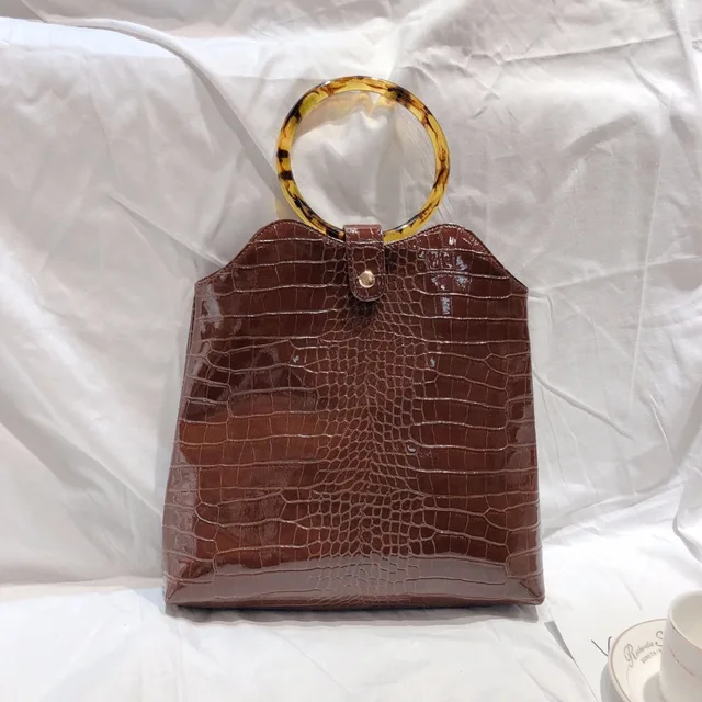 Special Offers Tote Bag Leather Female Acrylic Ring Handle Hand Bag Woman Newest Crocodile Pattern Top-handle Women Handbags Bolso Mujer 