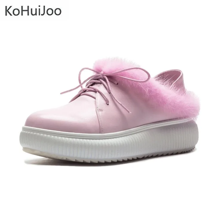 

KoHuiJoo Genuine Leather Women Shoes 2018 Winter Flat Platform Sneakers 2 Ways Wearing Lace Up Warm Ladies Shoes Winter Girls