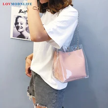 Women's Small Bucket Beach Bags Transparent Totes Composite Chain Shoulder Bag For Women Female Mini Jelly Handbags Summer 2019 ins fashion women chains shoulder bag clear totes round handle drawstring bucket bag female handbags transparent composite bag