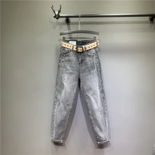 Дымчато-серые джинсы с высокой талией для женщин в уличном стиле, длинные отбеливатели, Выбеленные пуговицы, рваные, плиссированные, винтажные, прямые