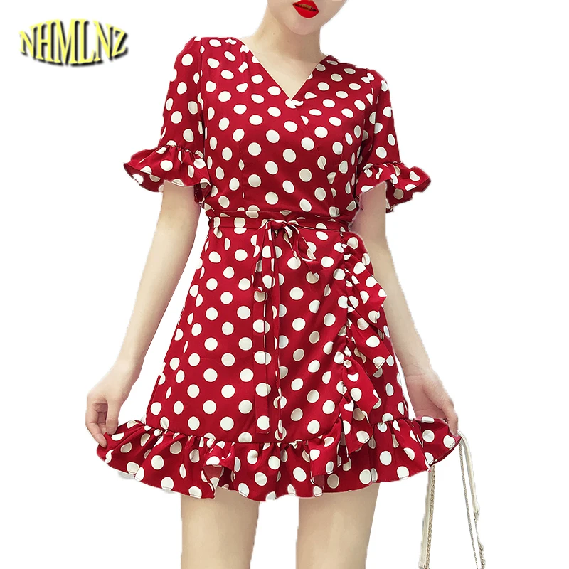 Fashion V-Neck Short-Sleeved Dot Chiffon Mini Dress