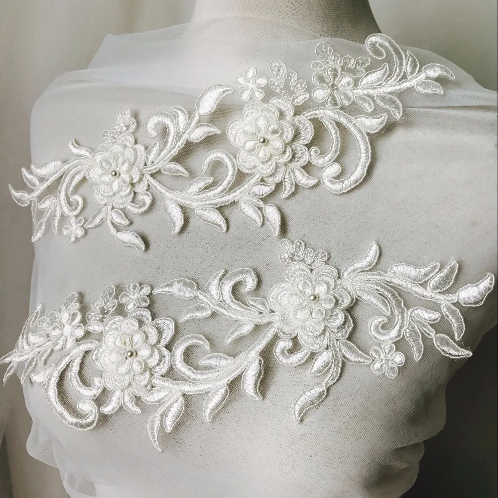 Ivory Cord Beaded Lace Applique,Embroidered Floral Alencon Lace