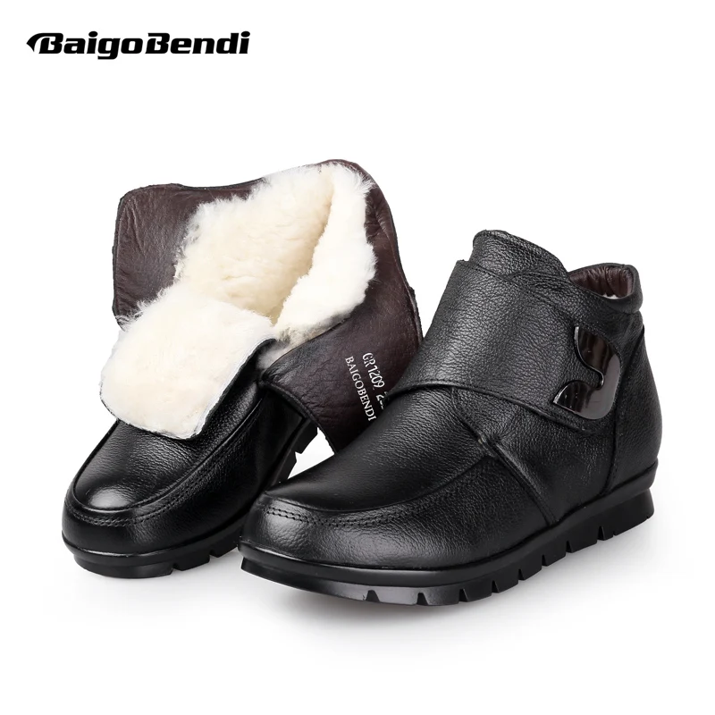 

The aged Woman Shearling Snow Boots Middleage Winter Cotton Shoes Mommy Keep Warm Real Leather Hook Loop Flat Boots