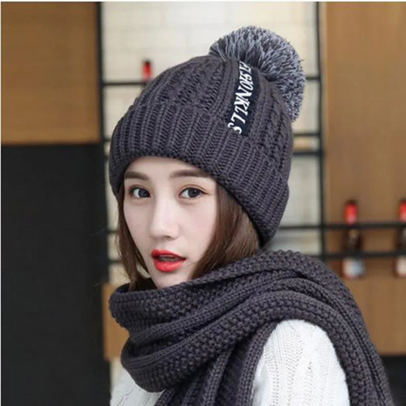 Комплект из 2 предметов, зимняя шапка и шарф для женщин, зимние вязаные шапочки шерстяные женские зимние шапки, Повседневная одноцветная шапка и шарф