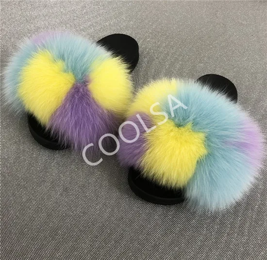 Women's Summer Fur Slippers Indoor Warm Fluffy Plush Home Shoes Woman Real Fox Hair Fur Slides Furry Sandals Female Flip Flops - Color: As shown