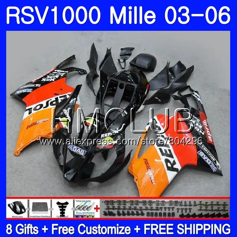 

Bodys For Aprilia RSV1000 R RR 03 04 05 06 RSV1000R Mille 123HM14 RSV1000R RSV1000RR 2003 2004 2005 2006 Repsol orange Fairings