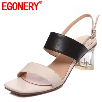 

EGONERY genuine cow leather office work woman sandals summer black beige open toe 6cm high round crystal heels girl shoes