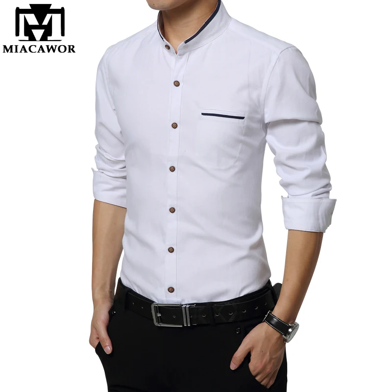 

MIACAWOR New Casual Men Shirt Oxford Camisa Masculina Long Sleeve Shirt Stand Collar Slim Fit Dress Shirt Plus Size 5XL C377