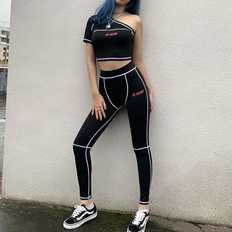 

2019 Fashion Letter Print White Stripe Black Women Suit One Shoulder Splicing Top and Tight Long Pants Tracksuit Two Piece Set