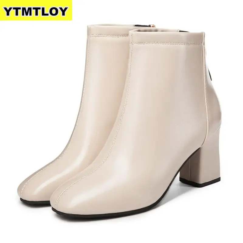 

HOT Fashion Leather Ankle Boots Women Thick High Heels Zipper Pointed Toe Autumn Winter Woman Shoes Zapatos De Mujer Square Heel