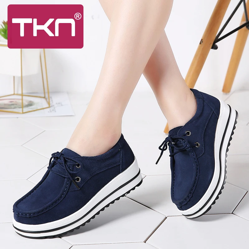 

TKN 2019 Spring Women Platform Sneakers Flats Shoes Leather Suede Thick Sole Creepers Moccasins Chaussure Femme Woman Shoes 526