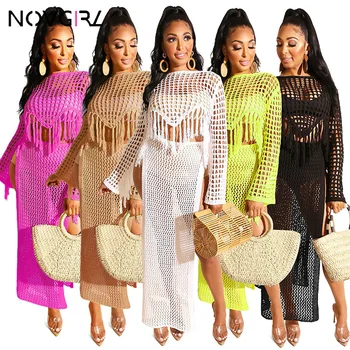 

Novgril Neon 2 Piece Set Knit Hollow Out Tassel Crop Tops High Split Long Skirts Club Party Sexy Long Dress Outfit Women's Suit