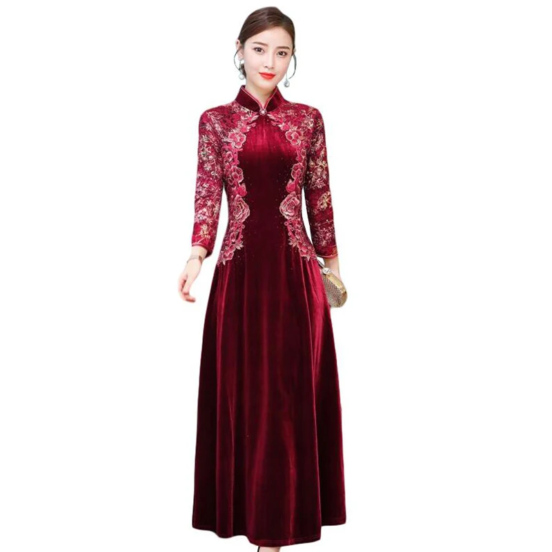 

2019 Spring Autumn Gold Velvet Embroidery Dress Women Robe Femme Elegant Slim Long Sleeve Dress Plus Size Party Long Dresses