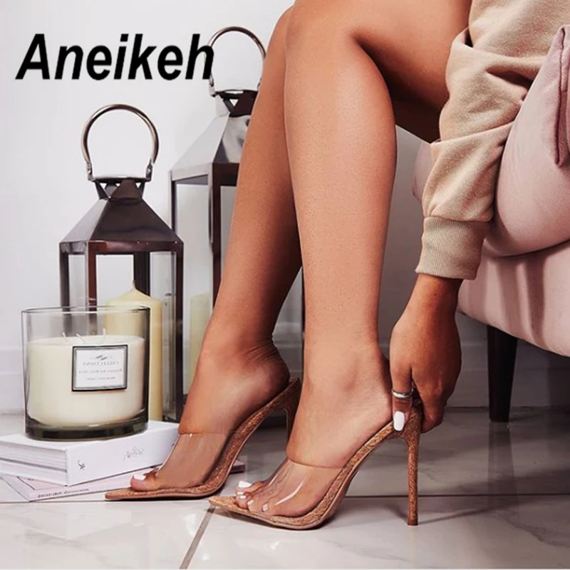 Aneikeh/ г. милые модные шлепанцы на тонком высоком каблуке из ПВХ пикантные прозрачные туфли на высоком каблуке с открытым носком, однотонные, с острым носком, абрикосовый цвет, размеры 35-40