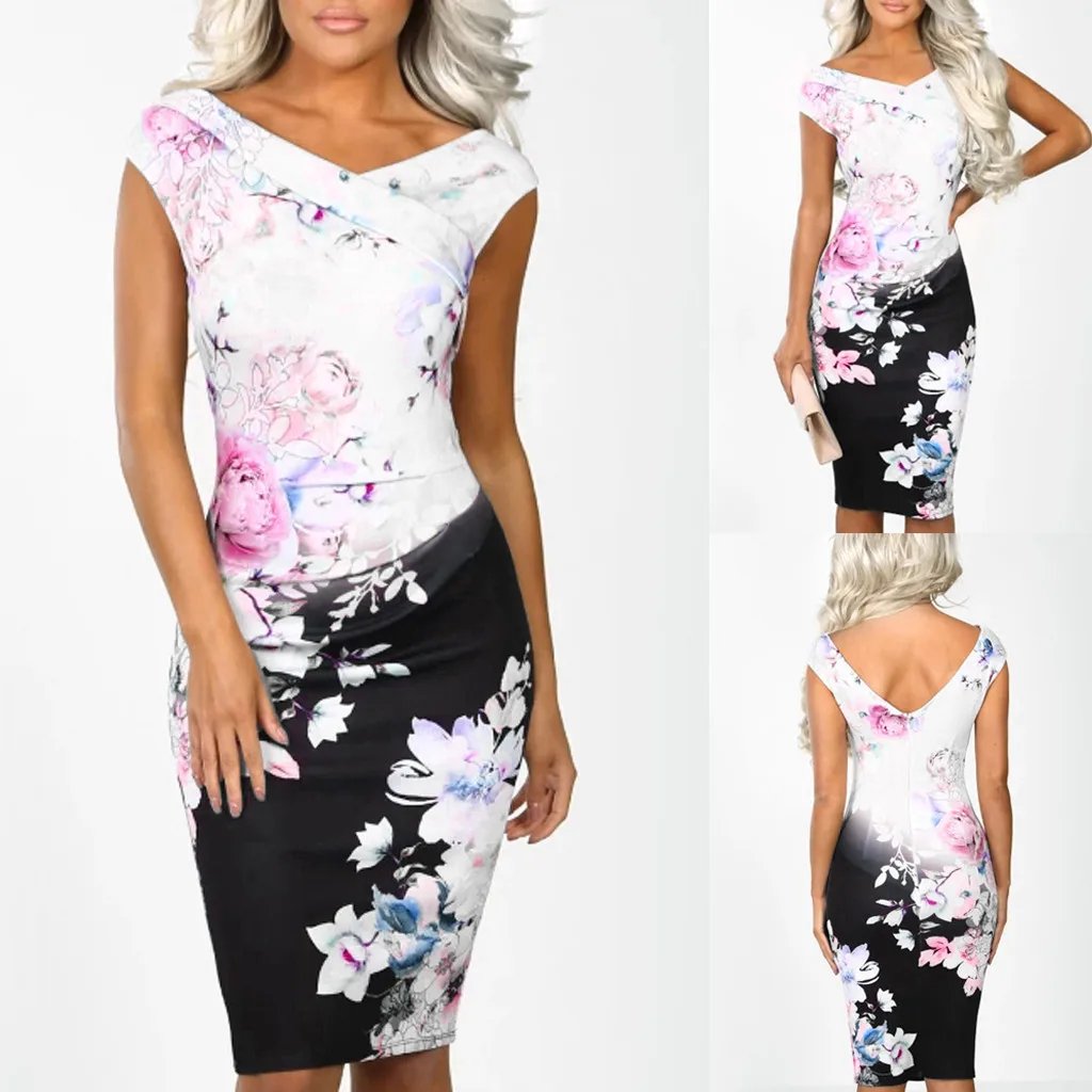 

Women Sheath Sleeveless Print Dress V Neck Power Trip Multi Floral Print Party Evening Bodycon Midi Dress