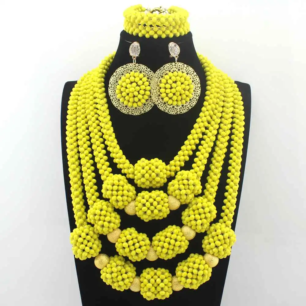 Ручной работы желтый Свадебный Африканский Bold Beads ювелирный набор нигерийский Свадебный комплект с колье подарок W13522