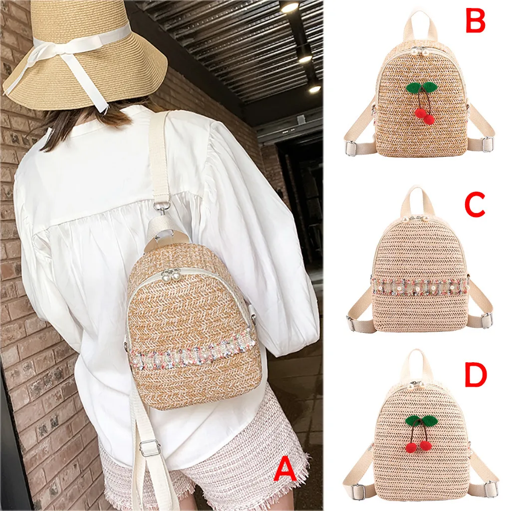 

2019 Casual Straw Backpack Women Color Matching Wild Fashion Leisure Travel Bag Student Bag Backpack Portable Solid mochila