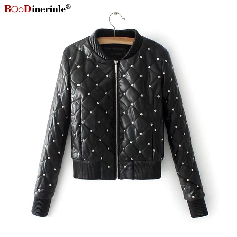 

Women's Black Simple Jacket Female Slim Prismatic Stand Collar Rivet Short Motorcycle Leather Coat Women Casual Warm Jacket F025